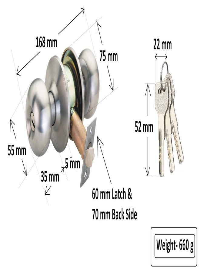 Met Craft SS304 Room Door Knob Lock - with 3 Brass Computerised Key Cylindrical Lock for Bedroom/Main Door/Tubular Door Knob/Handle (Silver Matt, 70 mm Backset) - Image 4